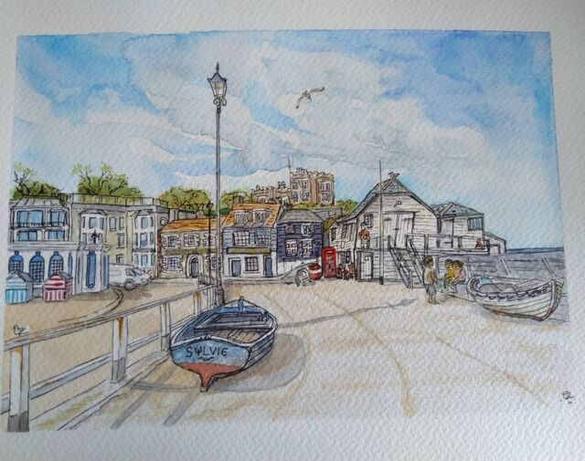 Broadstairs harbour — ink and watercolour