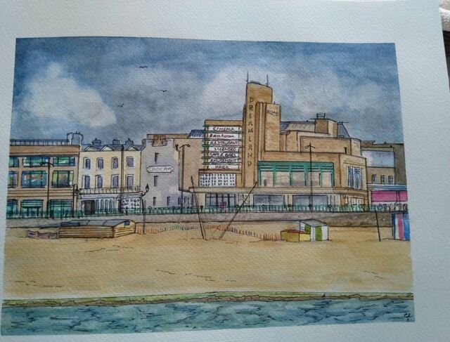 Dreamland from the Beach — Ink & watercolour
