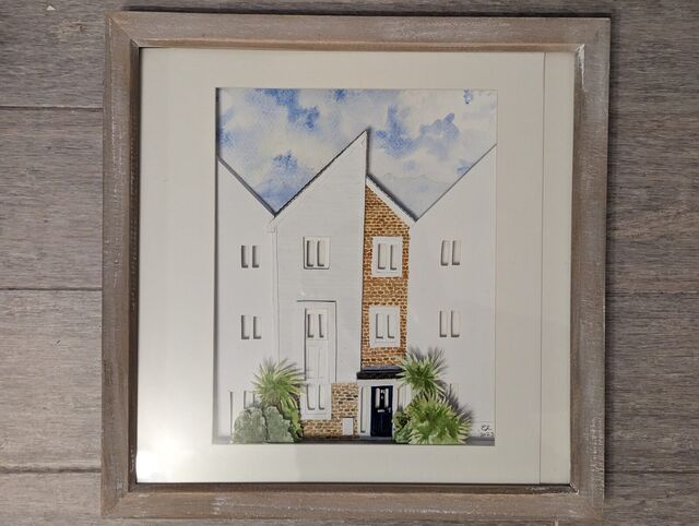 Townhouse in Relief (oak frame) — 3D paper-sculpted house portrait