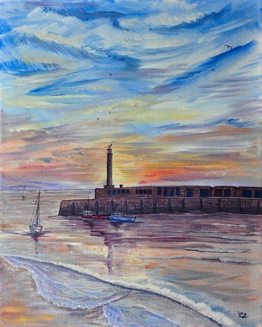 Margate Harbour Arm lighthouse at sunset — watercolour