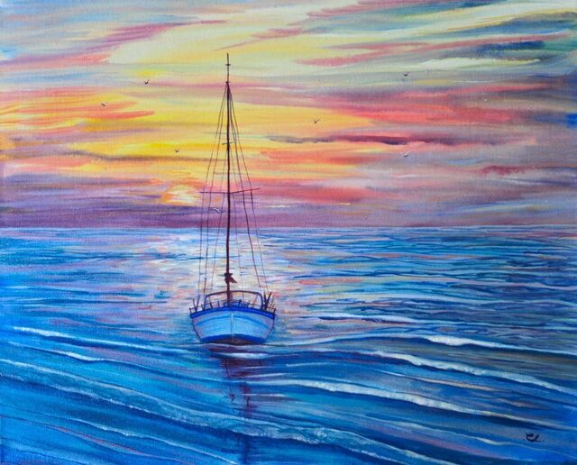 Sailboat at sunset — acrylic painting