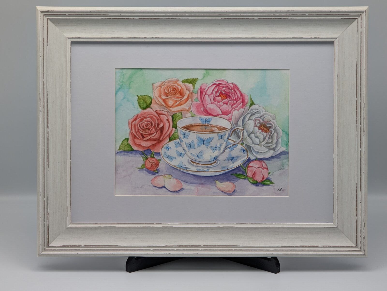 Butterfly teacup with roses — framed original watercolour