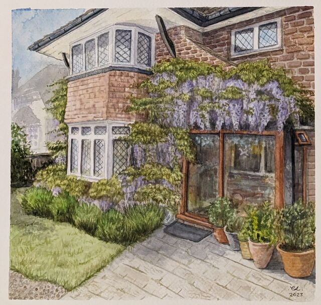 Watercolour house portrait with wisteria — an example commission from Lovelace Studio